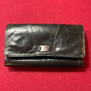 Pelle Studio Black Leather Long 7” Wallet Kisslock interior compartment Trifold